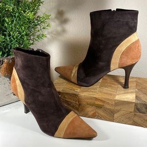 ANTONIO Melani Pointed Toe Color Block Suede Boot Brown, camel, chestnut SZ 8.5